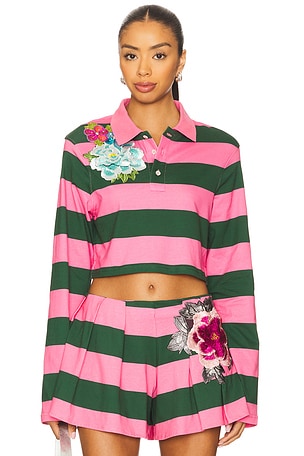 Embroidered Flower Cropped Polo Top AREA