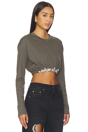 AREA Crystal Cluster Long Sleeve Cropped T-shirt in Grey