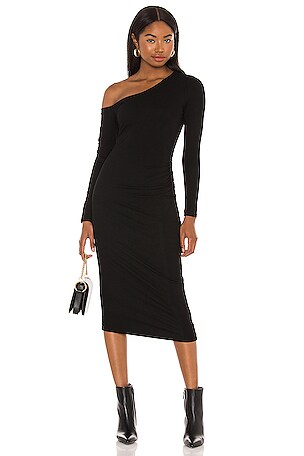 long sleeve off the shoulder black mini dress Moonrise Off-Shoulder Long Sleeve Ruched Dress Black