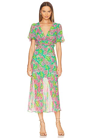 esperanza floral puff sleeve midi dress ASTR the Label Esperanza Dress in Green & Pink Multi