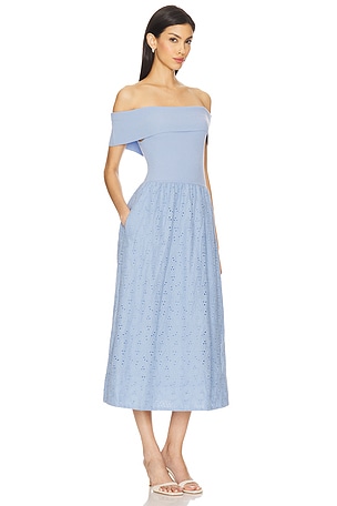 ASTR the Label Mixed Media Off Shoulder Dress in Blue