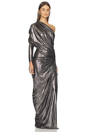 Atlein One Sleeve Draped Gown in Metallic Silver