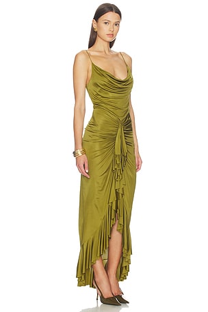 Atlein Ruffle Strappy Long Dress in Green