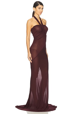 Atlein Halter Neck Ruched Gown in Burgundy