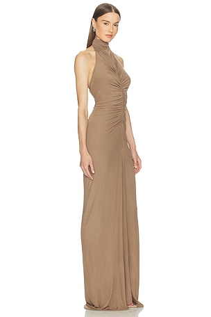 Atlein Halter Neck Front Ruched Gown in Tan