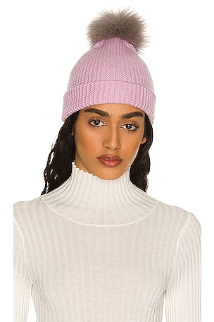 Autumn Cashmere Contrast Fur Pom Pom Beanie in Sugar Plum 