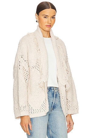 Autumn Cashmere Fringed Shawl Collar Jacket in Beige