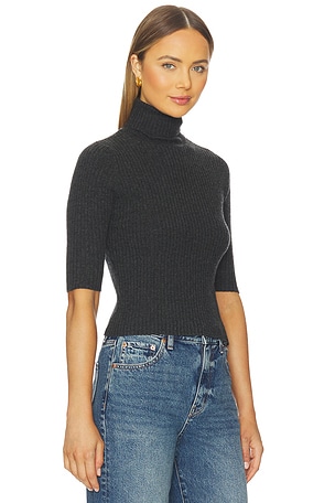 Autumn Cashmere Cropped Elbow Sleeve Rib Turtleneck Top in Black. Size XS. Also