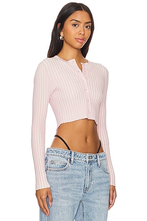 Alexander Wang Cropped Ribbed Crew Neck Cardigan With Embossed Logo in Pink