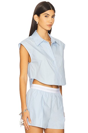 Alexander Wang Cropped Button Down Sleeveless Shirt With Necklace in Baby Blue