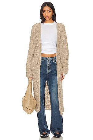 Femme Luxe knitted long line cardi in camel