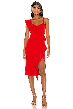 red bardot frill sleeve draped midi dress Red Bardot Frill Sleeve Draped Midi Dress