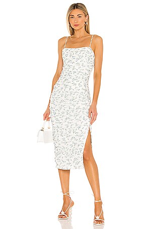 bardot ruched midi dress Bardot Ruched Mesh Midi Dress