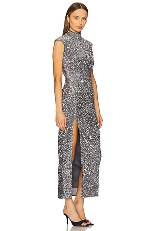 Bardot Kelso Velvet Sequin Maxi Dress in Metallic Silver