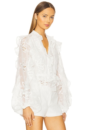 Bardot Frill Embroidered Blouse in White