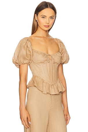 Bardot Esra Puff Sleeve Corset Top in Brown