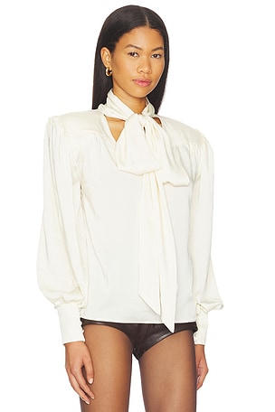 Bardot Revana Satin Tie Neck Blouse in Ivory. Size 8. Also