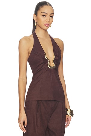 Bardot Cavarly Linen Halter Top in Chocolate