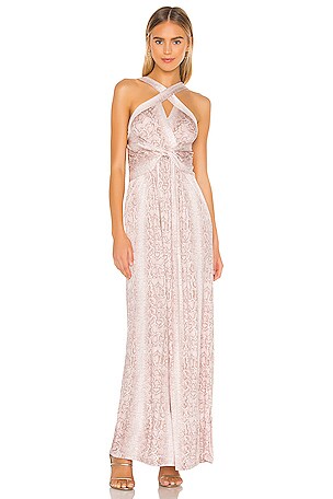 BCBGMAXAZRIA Cross Front Maxi Dress in Bare Pink Python Skin | REVOLVE