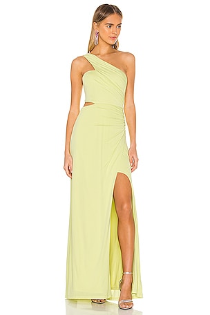 BCBGMAXAZRIA One Shoulder Cut Out Gown in Lime Sherbet REVOLVE