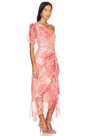 BCBGMAXAZRIA One Shoulder Midi Dress in Coral