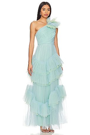 BCBGMAXAZRIA One Shoulder Tulle Gown in Baby Blue