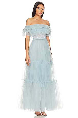 BCBGMAXAZRIA Off Shoulder Tiered Gown in Baby Blue