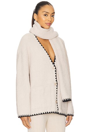 Barefoot Dreams CozyChic Blanket Stitch Cardigan With Detachable Scarf in Cream