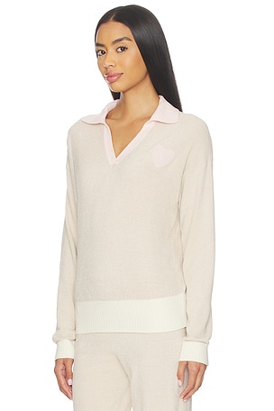 Barefoot Dreams Cozy Chic Ultra Lite Color Block Heart Collared Pullover in Tan