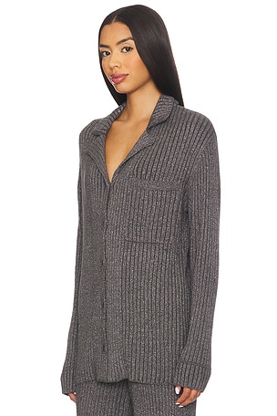 Barefoot Dreams CozyChic Ultra Lite Lurex Rib Button Front Shirt in Charcoal. Size XS. Also