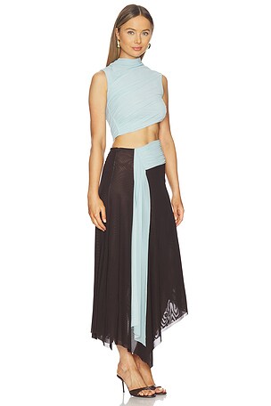 Bec + Bridge Conni Asymmetric Midi Dress in Baby Blue,Brown. Size Aus 8/US 4. Also