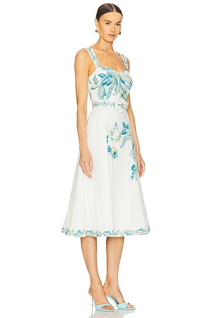 HEMANT AND NANDITA Midi Dress With Buckle Belt in White,Blue