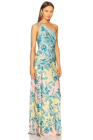 HEMANT AND NANDITA One Shoulder Long Dress in Teal,Yellow