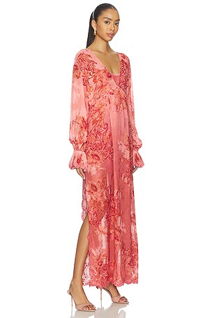 HEMANT AND NANDITA Kaftan Maxi Dress With Printed Slip in Coral