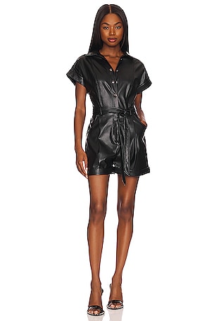 BCBGeneration Short Sleeve Faux Leather Romper in Black | REVOLVE