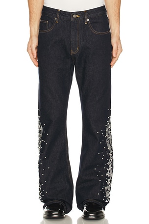 Birth Of Royal Child Embroidered Pearl Flared Trousers in Black