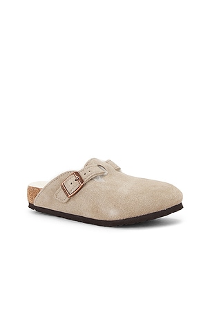 BIRKENSTOCK Kids Boston Suede Shearling Clog in Taupe