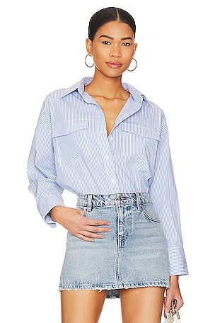 BCBGMAXAZRIA Alexandria Long Sleeve Ruffle Top in White Chambray