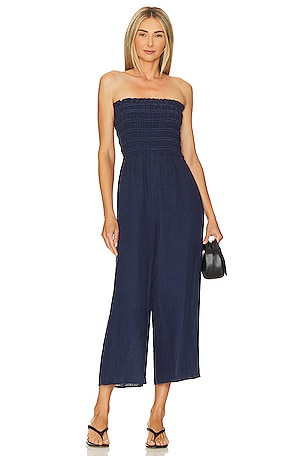 Bella Dahl Strapless Frayed Crop Jumpsuit in Cabana Stripe Wash