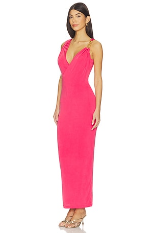BALMAIN Gold Detail Jersey Draped Long Dress in Fuchsia