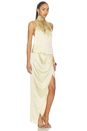 BALMAIN Halterneck Sand Pearl Embroidered Dress in Beige. Size 36. Also
