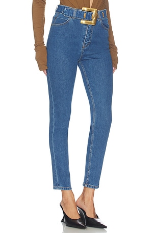 BALMAIN High Waist Dark Blue Denim Skinny Pants in Bleu Jean Fonce in Blue. Size 38. Also