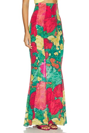 BALMAIN Roses Print Long Skirt in Green, Pink & Yellow in Red,Green