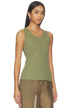 BALMAIN Small Balmain Paris Embroidered Jersey Tank Top in Army