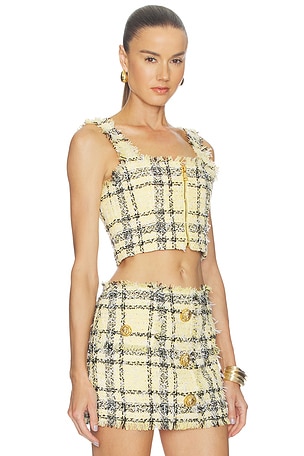 BALMAIN Glitter Tweed Tartan Top in Yellow