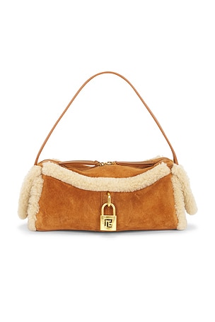 BALMAIN Small Pulse Suede & Shearling Crossbody Bag in Beige Clair & Camel Fonc in Beige
