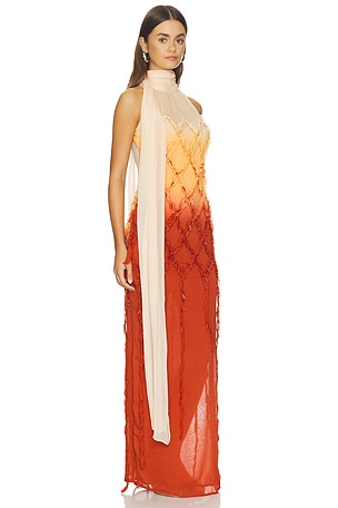 Blumarine Embroidered Creponne Dress in Rust,Peach