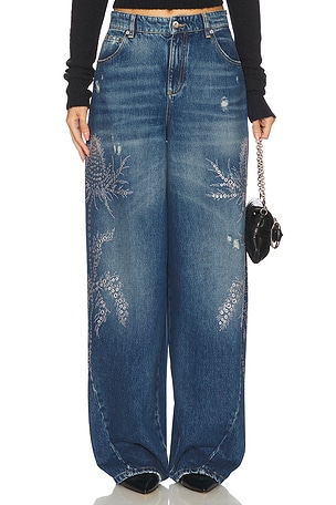 Embroidered Denim Wide Leg Blumarine