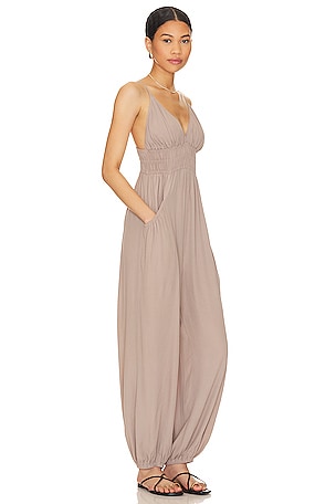 Bobi Black Smocked Jumpsuit in Taupe