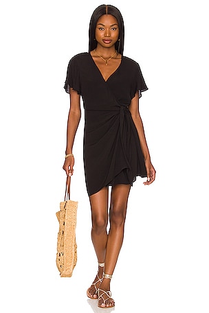 Bobi Luxe Crepe Wrap Mini Dress in Black | REVOLVE